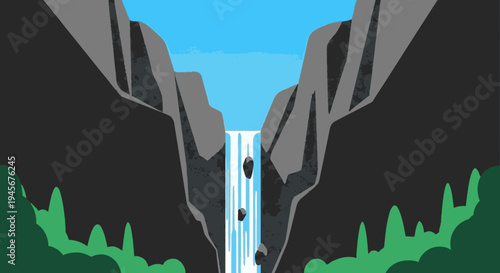 Waterfall Landscape Illustration with Cliffs and Vegetation.