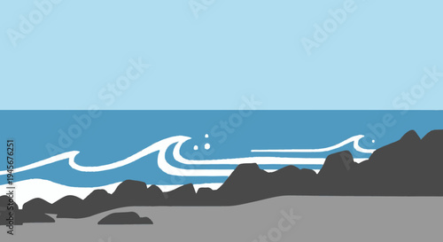 Waves Crashing on Rocky Beach Shore.