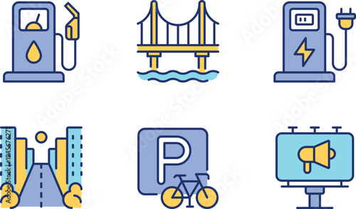 Infrastructure icons representing energy, transport, and urban amenities
