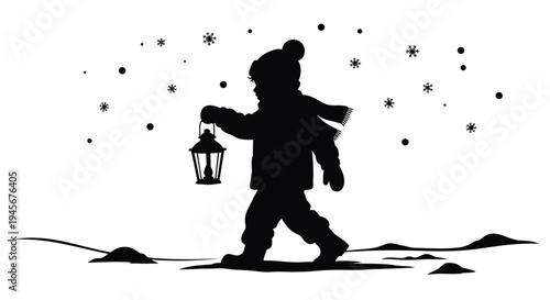Child walking with lantern in winter a dark silhouette