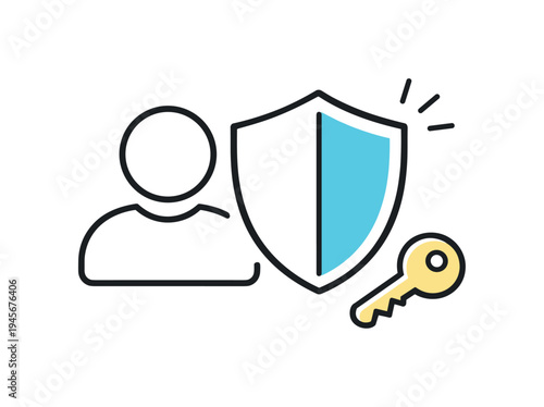 Digital cybersecurity awareness and protection of personal accounts in everyday online services and business platforms, a simple user profile icon beside a shield and a small key symbolizing