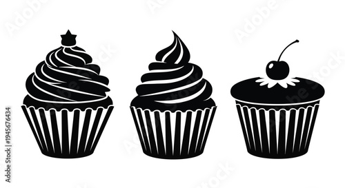 Three black cupcake illustrations with varying frostings a striking silhouette