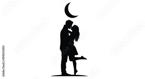 Couple embracing under a crescent moon a romantic black silhouette