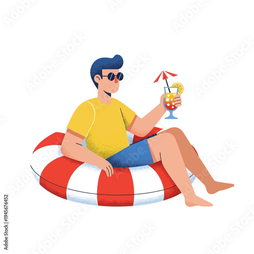 Man Relaxing in Inflatable Ring with Cocktail at Poolside