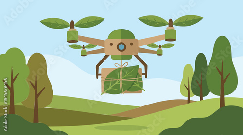 Drone flies over trees carrying package through green landscape aerial view