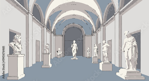 White Marble Statues in Museum Gallery.