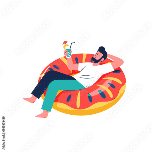 Man relaxing on a donut float with a cocktail in a swimming pool, summer vacation, leisure