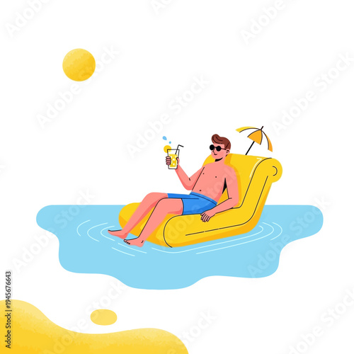 Man relaxing on inflatable lounger with cocktail in pool, sunny day