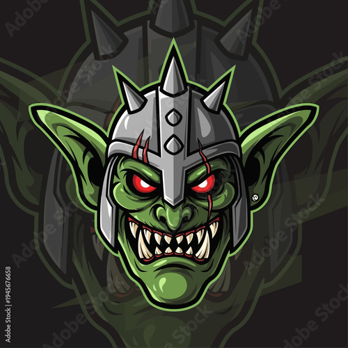 Green Goblin Warrior Mascot with Spiked Helmet and Red Eyes - Fierce Fantasy Character