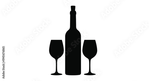 Wine bottle and glasses presented as a stark black silhouette