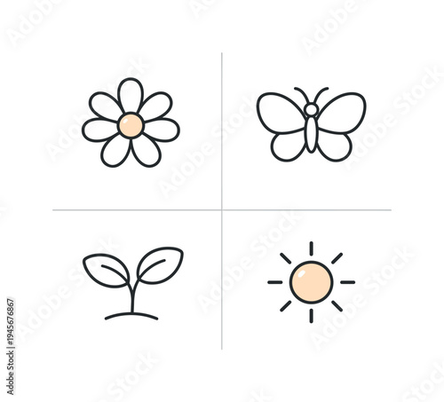 Spring icons: flower, butterfly, seedling, and sun in a simple line art style. A collection of four simple, clean line art icons representing spring elements: a daisy, a butterfly