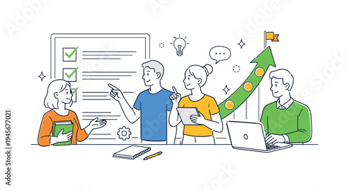 Team collaborating on a project with a growing success chart and checklist. Diverse group of people working together, discussing tasks on a checklist and observing a positive