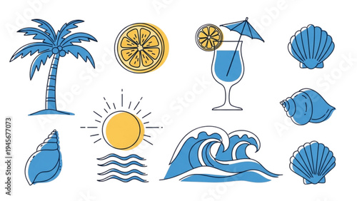 Beach scene with palm tree, waves, and cocktail under sunny weather conditions.