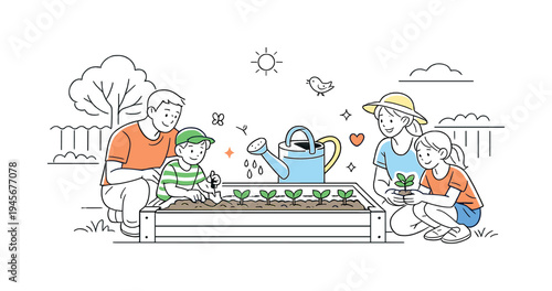 Family planting seedlings in a raised garden bed on a sunny day. A father, mother, and two children are happily engaged in gardening activities, planting young sprouts in a wooden