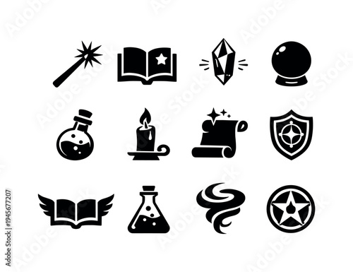 Collection of magical fantasy icons including wand, spellbook, crystal, and potion. A set of black silhouette icons representing fantasy and magic elements, perfect for game design