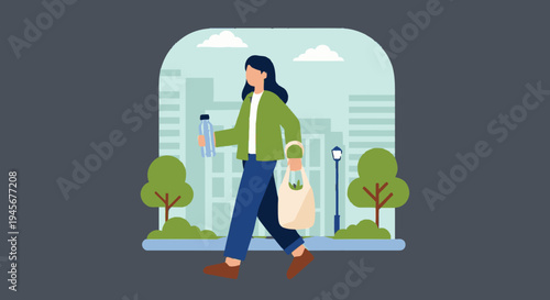 Woman walking with shopping bag and phone.