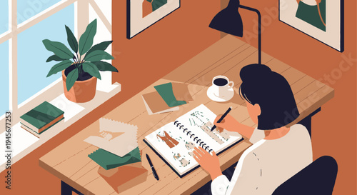 Woman Writing in Notebook at Desk.