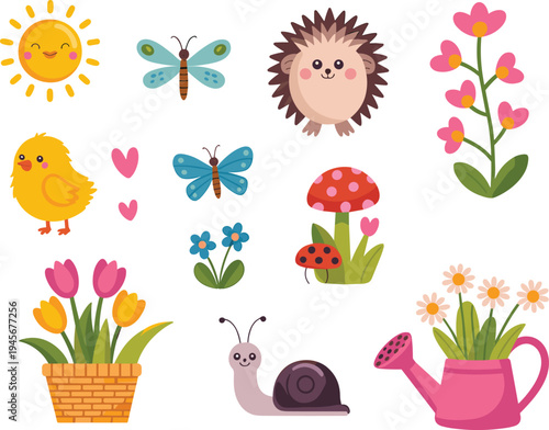 Cute spring garden animals and nature elements vector set with hedgehog chick snail butterfly flowers sun mushroom illustration collection