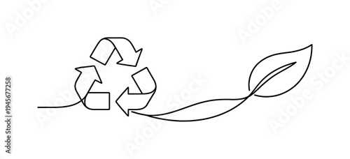 Recycling symbol with a leaf, continuous line art, representing eco-friendly practices. A minimalist single line drawing connecting the universal recycling symbol to a delicate