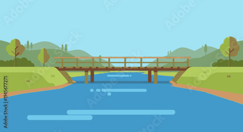 Wooden Bridge over Blue River Illustration.