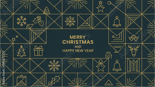 Golden Christmas card with holiday icons on dark background
