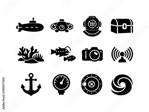 Underwater exploration icons: submarine, diver helmet, anchor, and marine life. A collection of black and white icons representing various elements of underwater exploration and