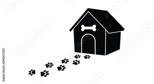 Simple black dog house with paw prints a stark silhouette