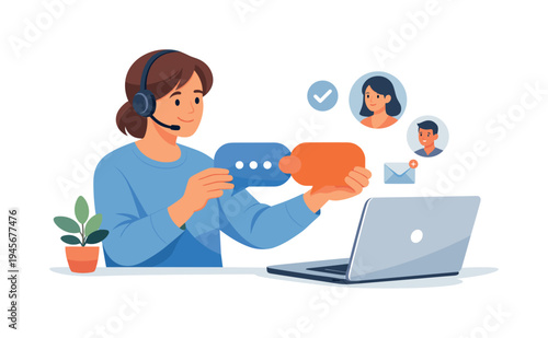 Customer service agent with headset and laptop communicating with clients via chat. A friendly customer support representative wearing a headset connects with clients through
