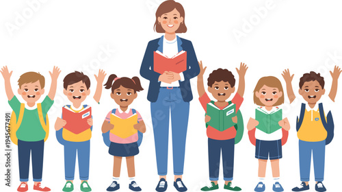 Smiling school children with backpacks and books standing near teacher woman education concept isolated vector illustration