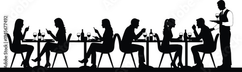 Restaurant dining silhouettes with waiter serving customers at table, people eating and drinking wine, social dinner meeting, hospitality service lifestyle illustration