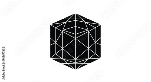 A complex, black, three-dimensional geometric solid, resembling a rhombic triacontahedron, is rendered with sharp white intersecting lines on white.