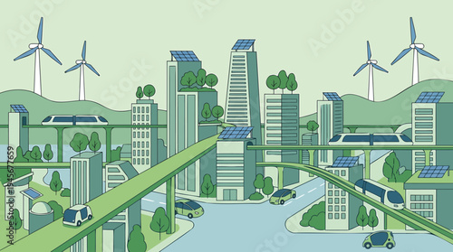 Cityscape with wind turbines and green spaces on a sunny day