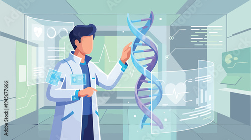 Scientist Examines DNA Helix in Laboratory Setting with Screens