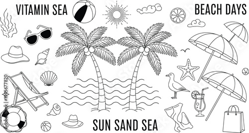 Summer beach vacation element set cad drawing flat vector illustration featuring palm trees sun umbrellas sea shells and tropical holiday icons.