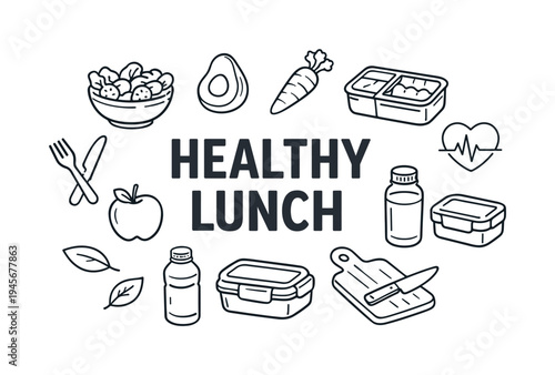 Balanced healthy lunch preparation focused on nutritious midday meals that support energy, productivity and sustainable eating habits during busy workdays. HEALTHY LUNCH central title