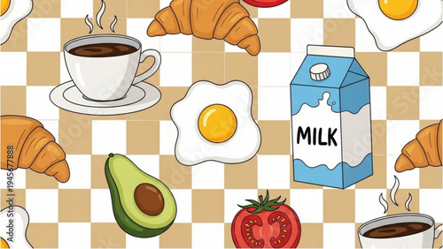 A vibrant breakfast scene with eggs, avocado, milk, coffee, and croissants on a table