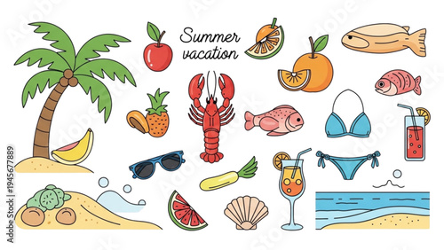A vibrant summer vacation scene with various beach items and food on the sand