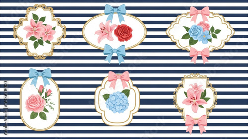 Flowers and bows decorate striped fabric with illustrations
