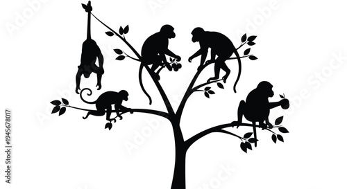 A playful group of monkeys relaxing in a tree silhouette