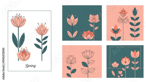 A colorful spring illustration of flowers and plants in various peach and green hues on multiple backgrounds