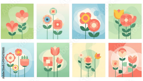Vibrant floral illustrations showcase various colorful flowers in multiple squares.