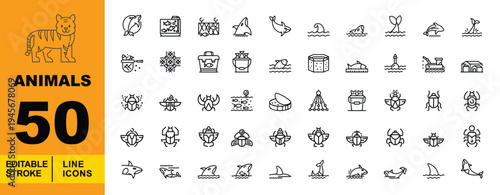 Animals, Marine Life, and Insects Line Icons. Editable stroke icons for biology and oceanography. Featuring sharks, dolphins, whales, fish tanks, fishing nets, and various beetle and bug symbols 