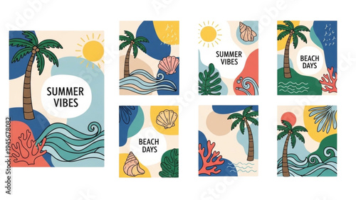 Vibrant summer illustrations showcase beach scenes with palm trees and sunny weather