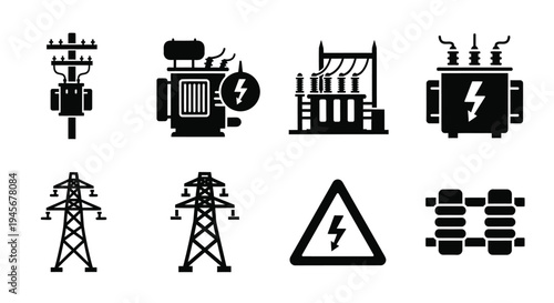 Electrical power equipment icons in a simple dark silhouette