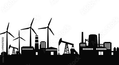 Industrial landscape featuring wind turbines and oil rigs a stark silhouette