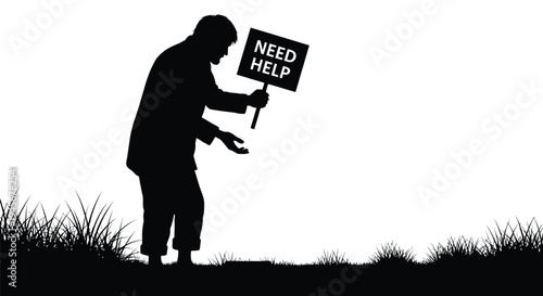 Man holding sign pleading for help dark silhouette