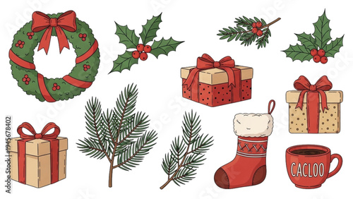 Christmas decorations include wreath, gifts, holly, and stocking indoors