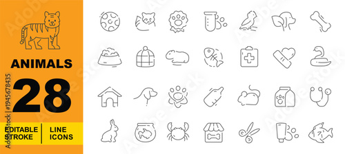 Veterinary & Pet Care Line Icons. Editable stroke vector line icons for animal clinics and pet stores. Featuring medical clipboards, stethoscopes, pet food, dog houses, goldfishes, and grooming tools