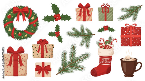 Christmas decorations and gifts arranged on a table indoors