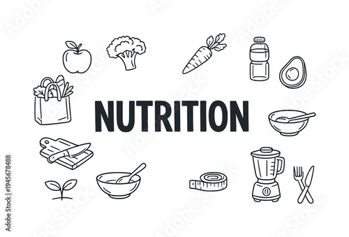 Nutrition concept with healthy food icons and kitchen tools. A collection of hand-drawn icons representing healthy eating, cooking, and fitness, centered around the word Nutrition